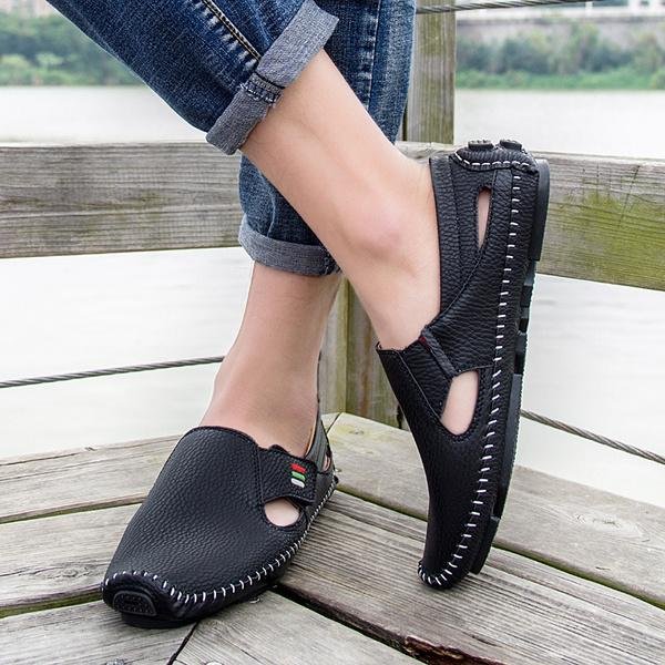 Men Casual Shoes Slip on Hollow Leather Men Shoes