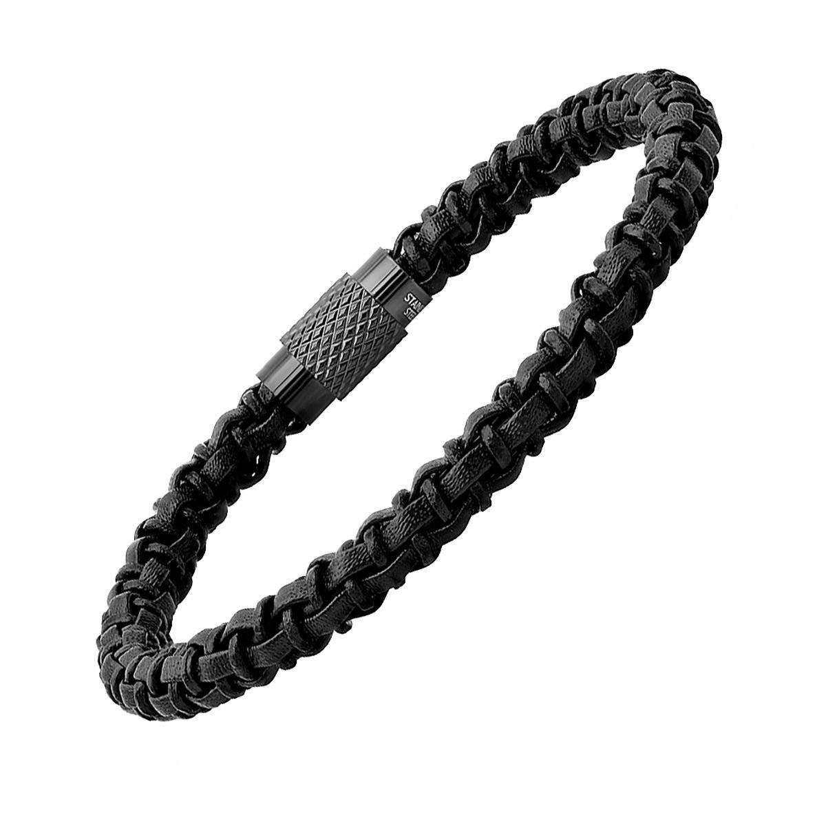 Men's Black Braided Leather Bracelet with Black IP Stainless Steel Accented Magnetic Clasp - Image 2