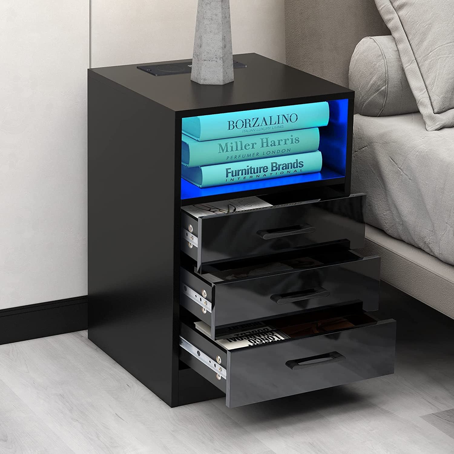 Nightstand with 3 Drawers, Cabinet and USB Charging Ports - Image 10