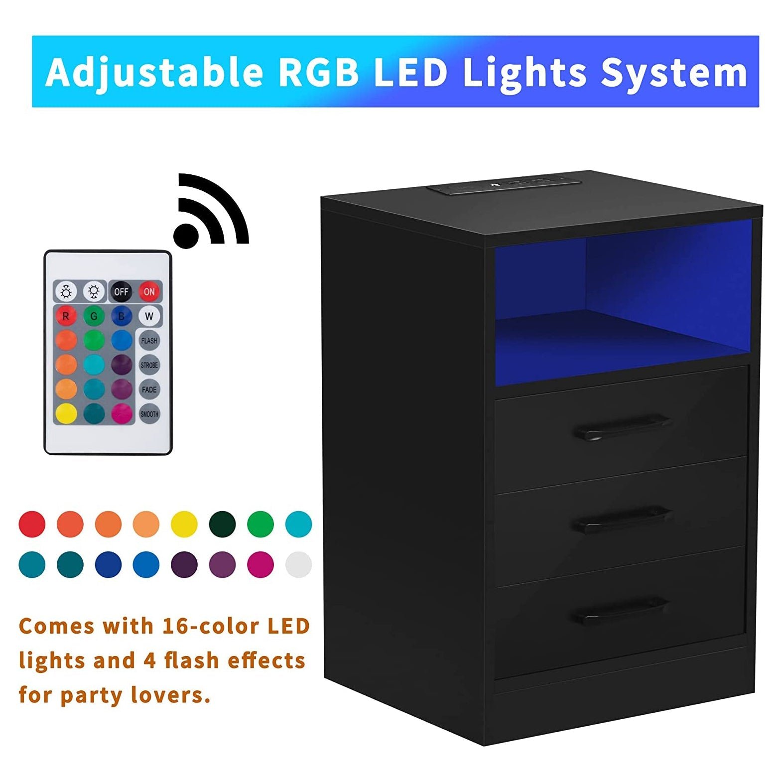 Nightstand with 3 Drawers, Cabinet and USB Charging Ports - Image 9