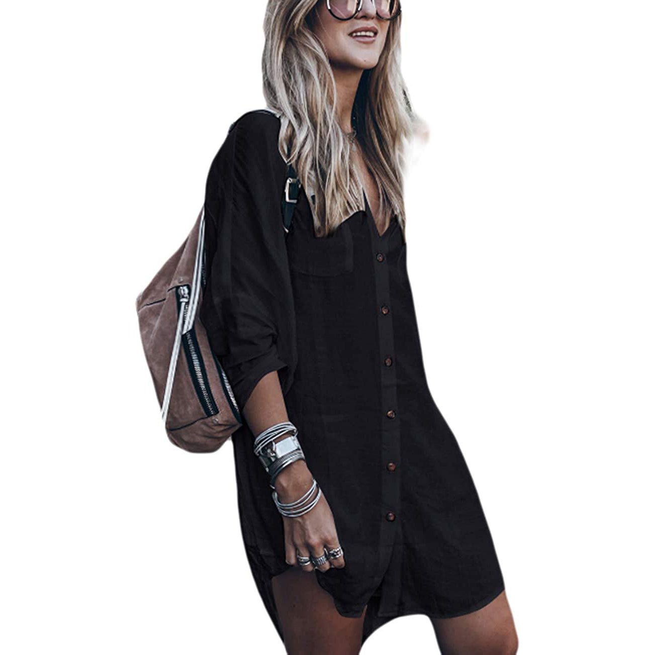 Women Loose Long Sleeve Swimsuit Cover Ups Button Down Beach Shirt