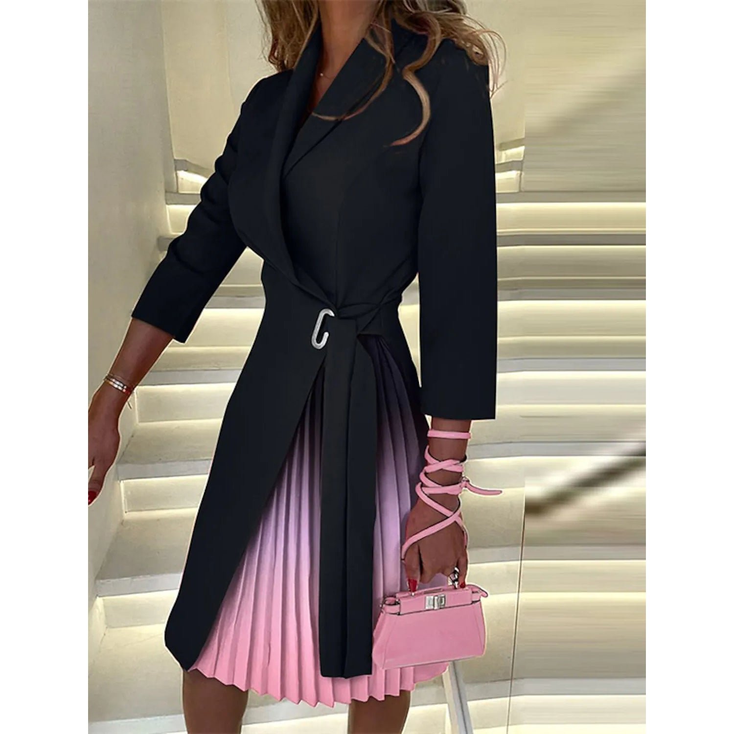 Women's Blazer Dress A Line Dress Knee Length Ruched Print Dress - Image 4