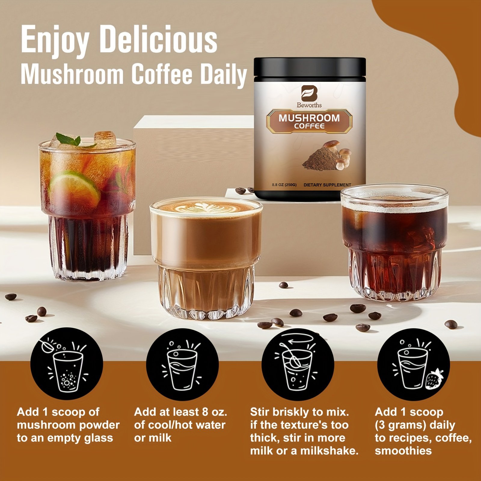 250g Beworths, Mushroom Coffee -Multiple Mushroom Extract Powder For Energy, Mental Clarity & Focus - Image 8