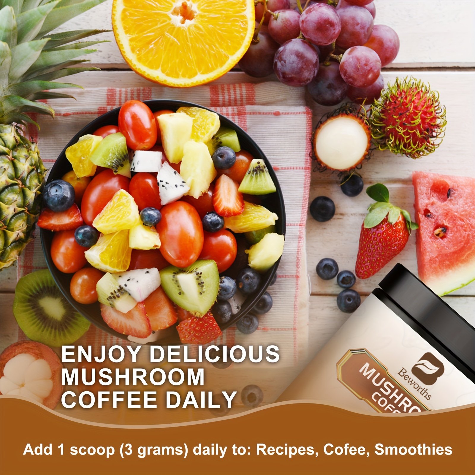 250g Beworths, Mushroom Coffee -Multiple Mushroom Extract Powder For Energy, Mental Clarity & Focus - Image 4